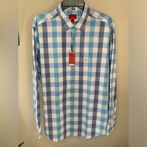 Men’s Alfani slim fit stretch button down‎ shirt size Large NWT blue white plaid